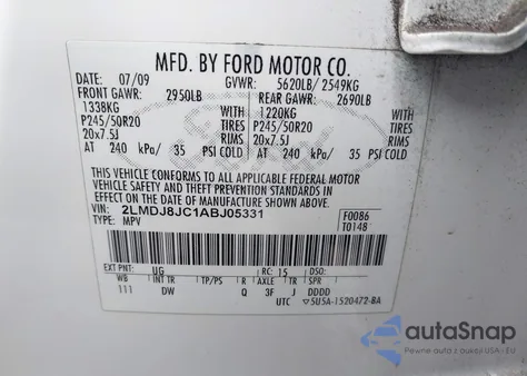 2010 Lincoln Mkx z USA, uszkodzony, nr VIN 2LMDJ8JC1ABJ05331